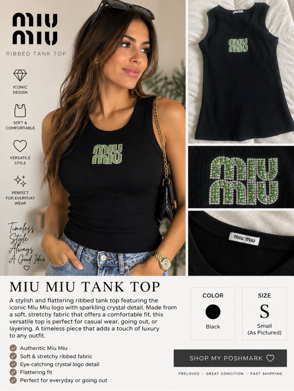 Miu Miu Black Ribbed Tank with Green Crystal Logo
